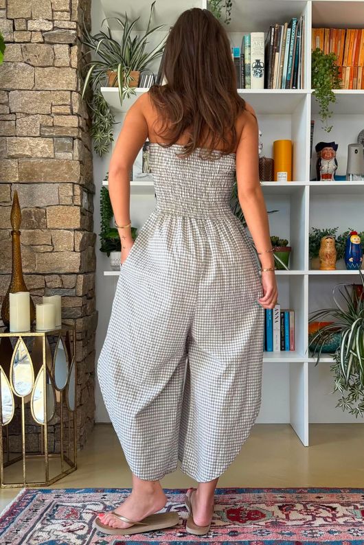 Arbi Gingham Shirring Bandeau Jumpsuit Mocha